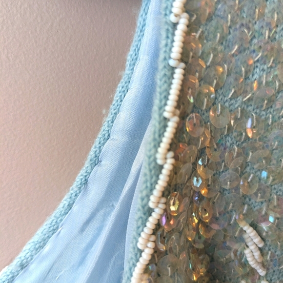 Vintage Regalia Imports Sequin Tank White Floral Beads on Blue Wool L - Picture 5 of 16